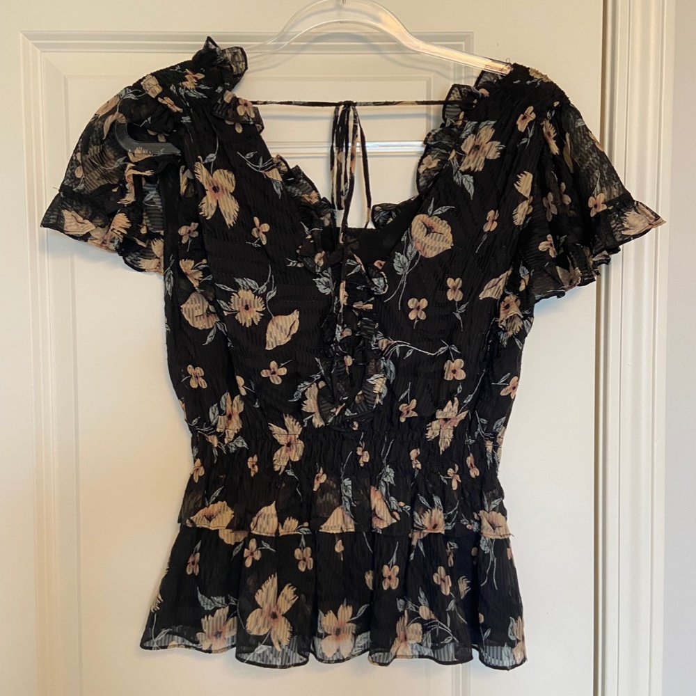 Rebecca Taylor Daniella Floral-Print V-Neck Short-Sleeve Ruffle Top